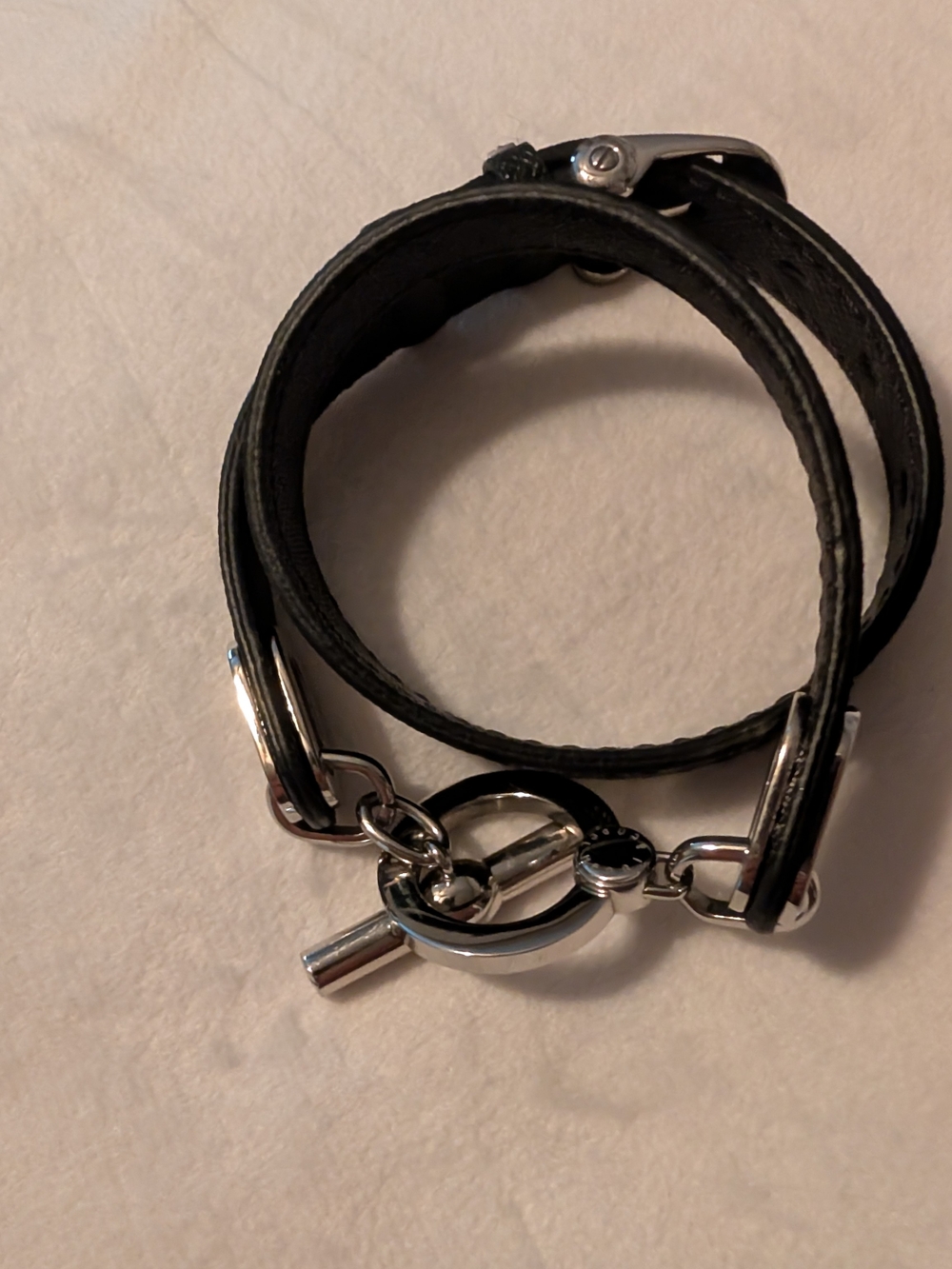henri bendel Black Leather Wrap Bracelet Black Silver Hardware Toggle Charm EUC